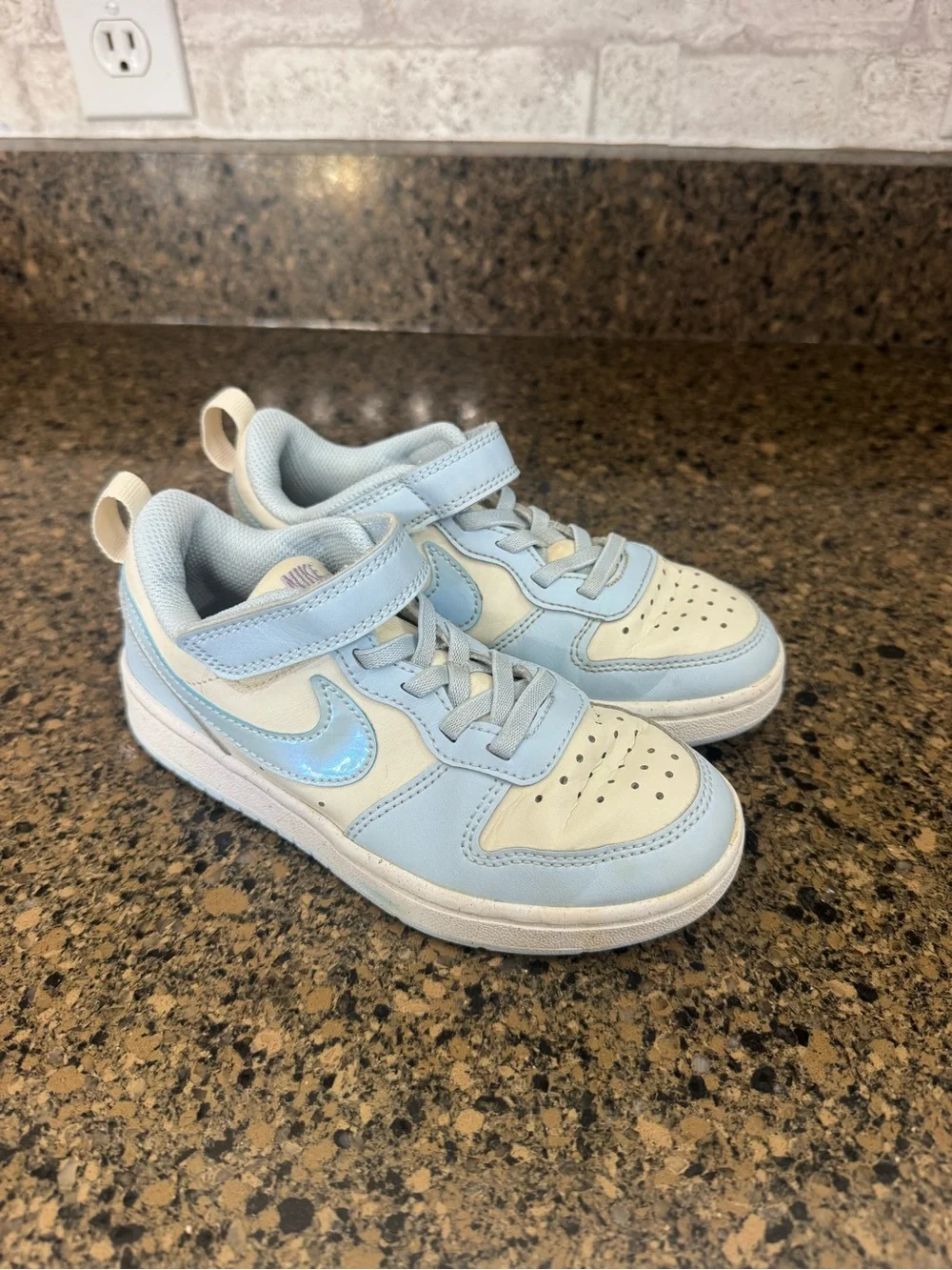 Nike Kids Light Blue and Cream Low-Top Sneakers with Iridescent Swoosh